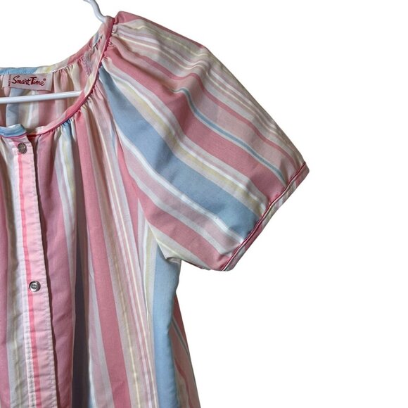 Vintage Smart Time Striped Short Sleeve Button Front House Dress With Embroidere - Picture 4 of 6